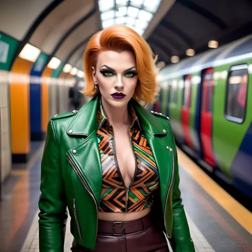 Prompt: photorealistic, (8K), beautiful curvy tall Polish drag queen model, strong masculine jawline and brow, dark eyeshadow and dark lipstick, chestnut pixie spiked hair, striking green eyes, colorful geometric pattern leather jacket, stylish apricot blouse, herringbone pattern pencil skirt, fashionable boots, elegant leather shoulder bag, crowded London Metro station environment, vibrant atmosphere, high detail, soft lighting, professional photography, urban setting, lifelike representation.