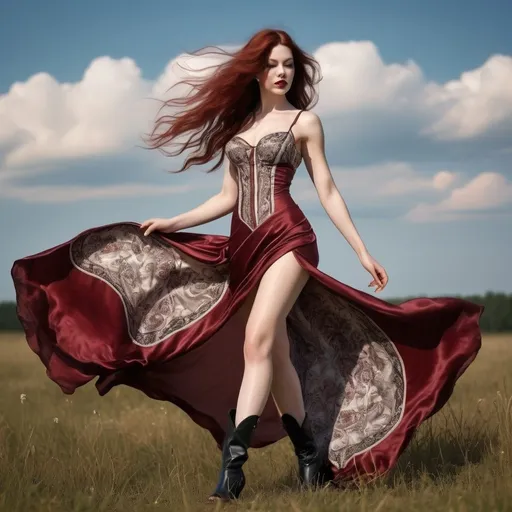 Prompt: full body realistic, beautiful satin silk dress, flowing in the wind, Victorian, medieval fantasy intricate patterns, 8 inch high heels, intricate boots glossy, detailed design, summer day, in a meadow, breeze in her dark red hair, high quality, detailed, Victorian style, intricate patterns, beautiful 30-year-old Finnish goddess bodybuilder, dark eye shadow, Dark red lipstick, flowing fabric, summer breeze, detailed design, elegant, atmospheric lighting. Composition focus on muscular physique. 