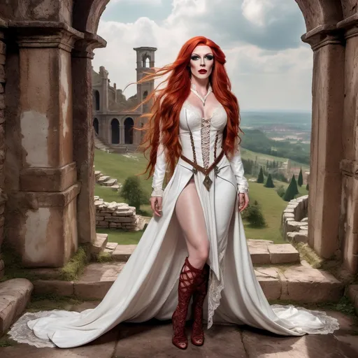 Prompt: realistc, Full body, (Hot red-headed drag queen mistress), long braided red hair, gorgeous strong face (strong masculine jawline and brow features), long white leather medieval fantasy dress, with straps and lace, stunning high heels, dominant stance, looking over shoulder, set between ancient ruins, magical spells in the air