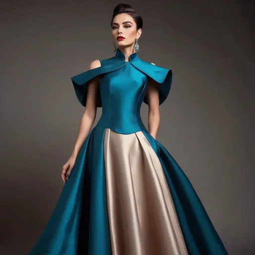 Prompt: The photo shows a gorgeous muscular 30-year-old Turkish drag queen (masculine jawline and brow) with long dark orange updo hair, in a long, elegant gown. Here's a description:

The Gown: The dress is a floor-length A-line gown, featuring a beige or champagne-colored satin top with long, wide sleeves that extend almost to the floor, creating a cape-like effect. The skirt of the dress is adorned with a vibrant, artistic print depicting a landscape of teal and blue mountains in a style reminiscent of traditional Chinese ink wash painting. There are also what appear to be stylized Chinese seals or stamps incorporated into the design. The skirt has a subtle ruffled or tiered detailing at the hem. The neckline is high and closed, in a style similar to a mandarin collar.

The Woman: The model is poised and elegant, her hair neatly pulled back. She wears delicate earrings. Her makeup is subtle and enhances her features.

The Setting: The background is a simple, solid dark red, which gives the gown and the model a striking contrast and prominence.

