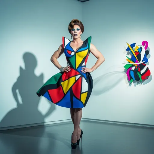 Prompt: Visualize a gorgeous, muscular, 35-year-old, caucasian, British DRAG QUEEN with big busom, dark eyeshadow,  heavy mascara, and dark lipstick standing confidently in a mesmerizing sculpture dress designed by Schiaparelli. The dress, a striking interplay of bold primary colors and dynamic geometric shapes, creates an energetic yet harmonious aura around her. She's also wearing a pair of 8 inch stiletto high heel shoes. The setting is an avant-garde gallery, bathed in soft, ethereal lighting that highlights the vibrant hues of the dress, casting playful shadows on the minimalist white walls. A gentle breeze flows through, slightly billowing the fabric and adding a sense of movement. Her expression is one of fierce elegance, her hair styled dramatically, echoing the artwork's rhythm. The atmosphere is electric, a celebration of art and personal expression, captured in a vivid, cinematic lighting style.