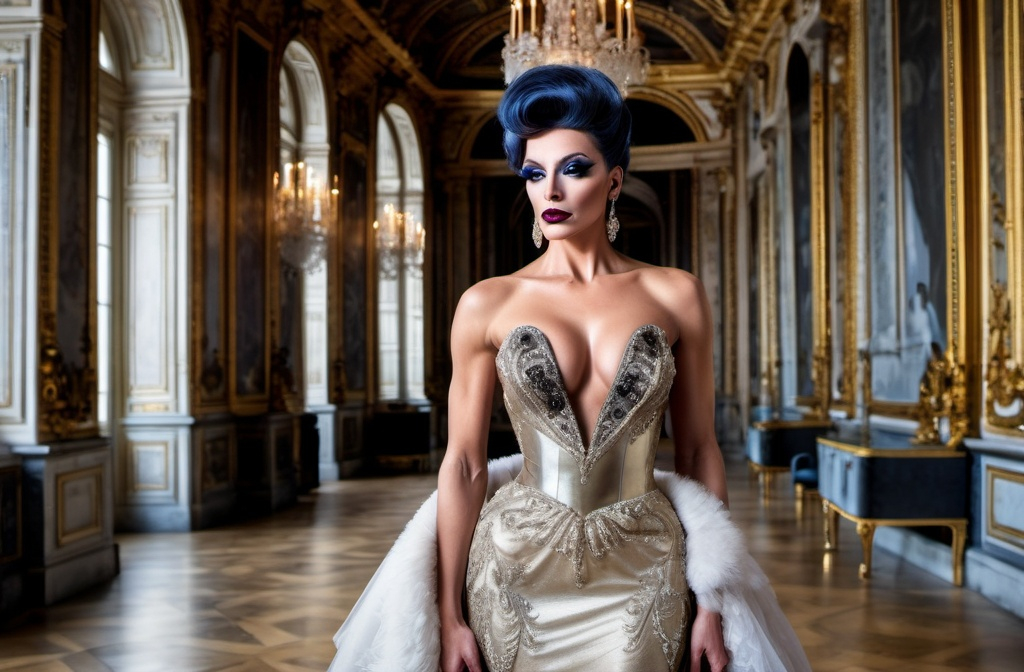 Prompt: Design a modern glamorous wedding dress worn by a real life gorgeous French drag queen bodybuilder model, dress to be daring and glamorous and elegant, dark eye makeup, dark lipstick.  Posing in the Palace of Versailles.