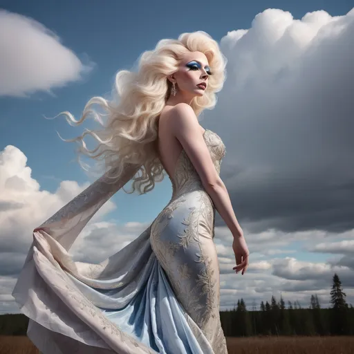 Prompt: (masterpiece), (best quality), (ultra-detailed), A gorgeous 25-year-old Finnish drag queen standing gracefully, her delicate figure silhouetted against the backdrop of a breathtakingly beautiful sky. The air is filled with a sense of serene tranquility as the wind gently rustles through her hair, causing the extremely delicate and beautiful fabric of her dress to billow softly around her. As she gracefully moves, flying splashes of water and petals accompany her, caught up in the ethereal dance of the wind. The scene is a symphony of beauty, with every detail meticulously crafted to evoke a sense of wonder and awe