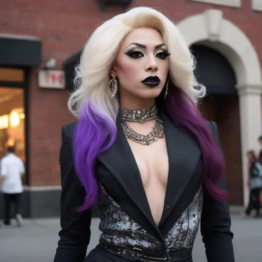 Prompt: Location: Random
Hair color: Random
Hair length: Random
A high definition hyper-detail live action digital photograph of the most beautiful masculine 25-year-old, Eurasian drag queen ever. Dark eye makeup and dark lipstick. Wearing a gorgeous ensemble of men's and women's clothing with 8 inch stiletto high heel shoes.