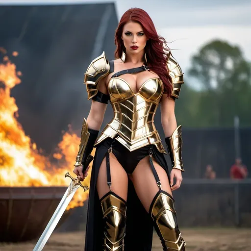 Prompt: Tall, gorgeous, ultra-muscular muscular, 25 year old goddess, (masterpiece:1.2, best quality:1.2, high quality, highres:1.1), (Best Quality), ((Photo Realistic)), (Full body portrait), ((Professional photography)), Norwegian warrior queen, layered dark red hair, black eye shadow, dark red lips, huge busom, intricate armored battle dress, thigh-high 8 inch stiletto high heel boots, ((intense metal reflections)), outdoors, gold, angelic armor and leather, professional lighting, blurry background, soft focus