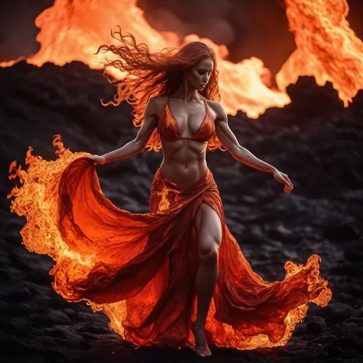 Prompt: very muscular dancing female, dancing on fire, silhouette, lava, long flowing fire gown, huge busom, long wavy fiery hair, long muscular legs, very muscular dancing female, mystical background, 