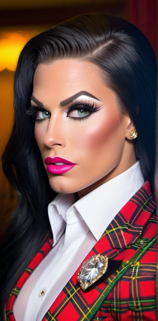 Prompt: Professional head to feet profile of a gorgeous ultra-muscular 25-year-old Finnish suntanned caucasian drag queen bodybuilder, intricate diamond face, very long straight shiny black hair, arched eyebrows, button nose, intricate makeup, gold jewelry, multicolored blazer, white blouse, pleated black tartan skirt, 8 inch stiletto high heel shoes, high-res photo, detailed, realistic, professional, head to waist, vibrant colors, intricate details, high quality, indoor photo, warm light, shoulders turned away from camera, head tilted, dynamic pose