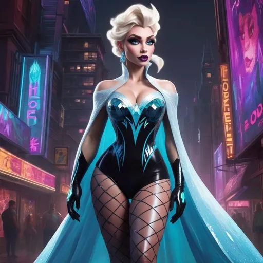 Prompt: Gorgeous muscular cyberpunk drag queen (Disney's) Elsa, great legs, crystal high heels,  dark lipstick.
