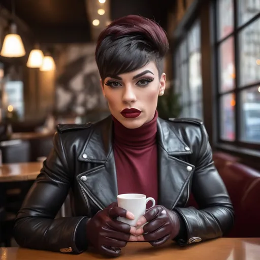 Prompt: Gorgeous muscular 20-year-old French drag queen (strong masculine jawline and brow facial features) bodybuilder, narrow face (burgundy matte lipstick), dark hair bangs combed to one side, boyish body, shiny crinkled wrinkly creased red leather sport coat , tight black leather gloves, in a turtleneck, jeans, in a cafe having tea in London 