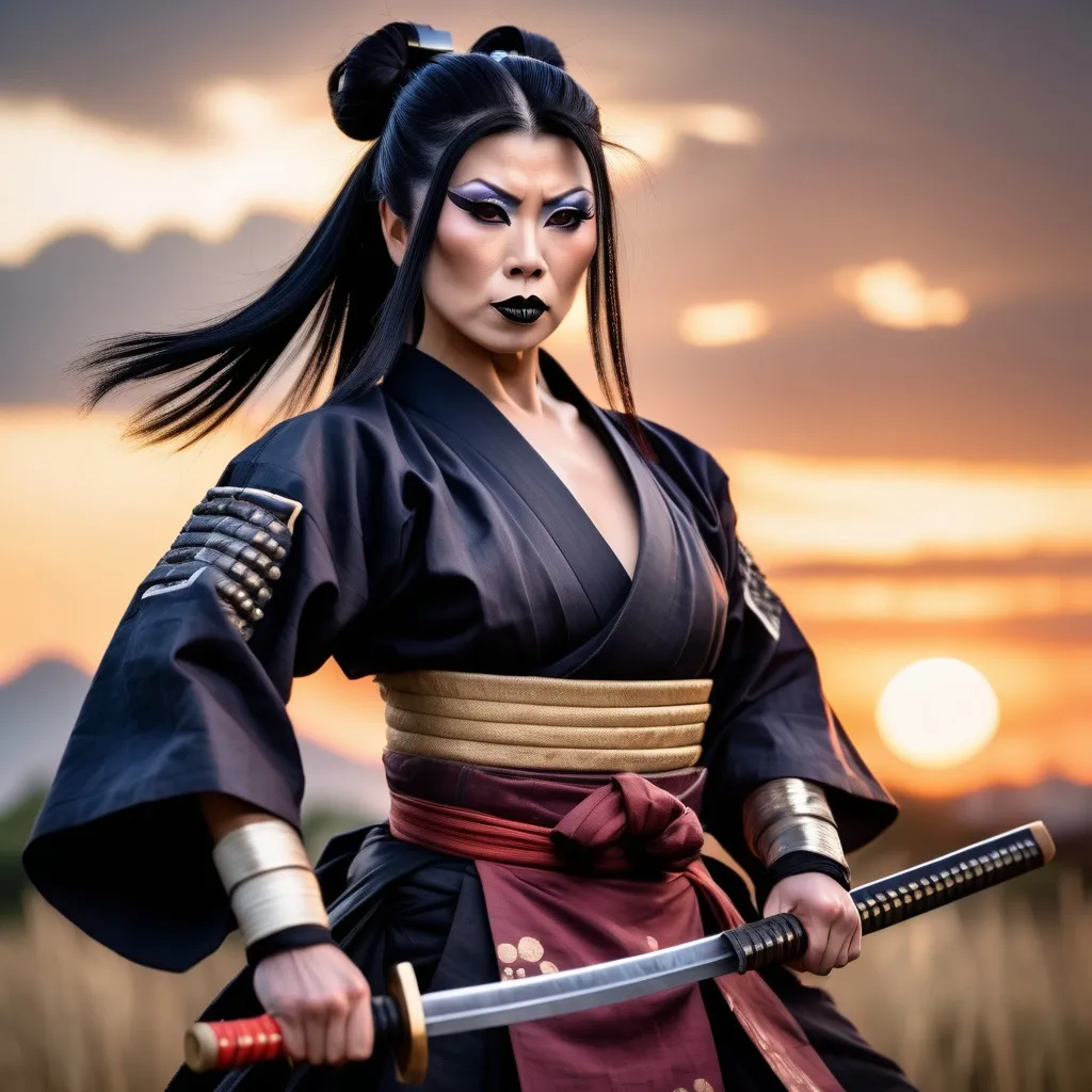 Prompt: A gorgeous muscular 35-year-old Japanese drag queen Samurai (dark eye makeup, dark lipstick, big busom, and dark black hair) wearing a traditional ancient Samurai Yorkie and holding a katana in each hand in a battle stance. 13th century Japan at sunset.