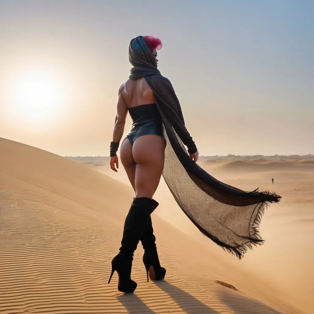 Prompt: The silhouette of a gorgeous muscular 35-year-old French drag queen bodybuilder with an Arab scarf and stiletto knee-high boots walking away on a dune walks into the sunset , mist