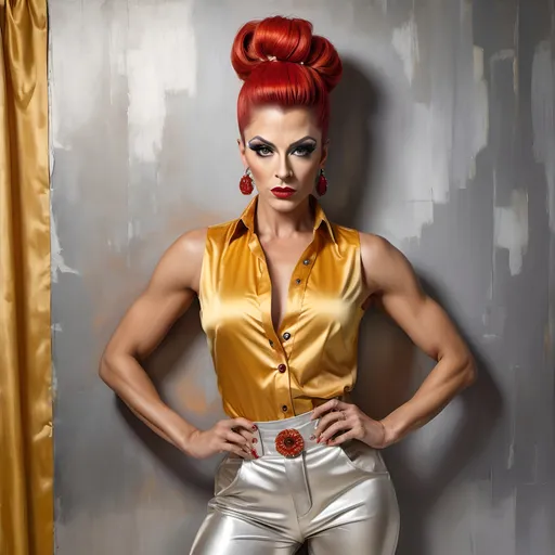 Prompt: oil painting of gorgeous muscular 35-year-old Bulgarian drag queen with a (bright red bun hairstyle), wearing an (elegant sleeveless mustard button-up blouse) and (off-white fancy pants), strikes a (modeling pose) near a perfectly designed silver aesthetic wall and multicolored curtain, Captured in a (low angle shot), showcasing her (detailed features). 