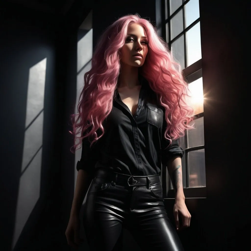 Prompt: low-angle of digital painting of a gorgeous 35-year-old with ridiculously long wavy pink hair in a dark room, black wall , sunlight streaming through a window, black hair, black shirt, leather pants, ,achromatic colors, 4k, high resolution, art photography, modeling pose, intense lighting, dramatic shadows, professional, detailed, atmospheric lighting