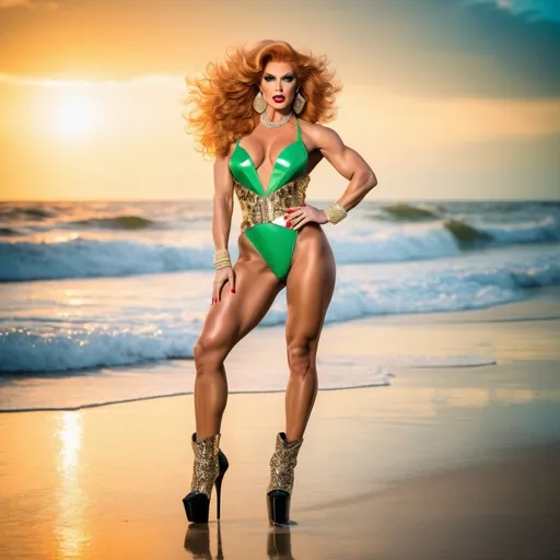 Prompt: Hi-res 8k full-body digital photography of a Gorgeous strawberry blonde ultra-muscular drag queen model with long, defined muscles, voluminous, 8 inch stiletto high heel shoes, wildly teased 1980s lioness hair posing on a beach, high fashion full-length photoshoot, vibrant colors, detailed fullbody modeling, high quality full-body photography, retro, beach setting, professional lighting, 80s fashion, glamorous, dramatic pose, beach waves, professional photoshoot, luxurious, vibrant and lively atmosphere, high resolution, beach fashion, modeling, fashion photography