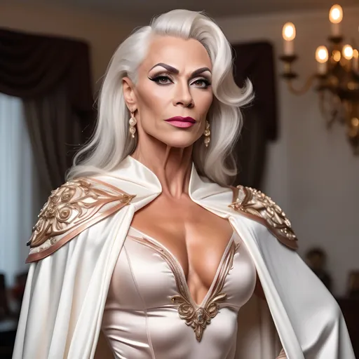 Prompt: Gorgeous muscular 45-year-old Russian drag queen bodybuilder (with strong masculine jawline and brow) with graying hair, wearing a regal tunic, ivory white, with armor sewn into the fabric. Cascading cape, draping from the shoulder lapel. Cottage core aesthetic. Delicate rose gold detailing.