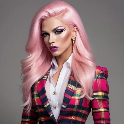 Prompt: Professional head to feet profile of a gorgeous ultra-muscular 25-year-old Finnish drag queen, intricate diamond face, very long straight shiny pink hair, arched eyebrows, button nose, intricate makeup, gold jewelry, multicolored blazer, white blouse, pleated black tartan skirt, 8 inch stiletto high heel shoes, high-res photo, detailed, realistic, professional, head to waist, vibrant colors, intricate details, high quality, indoor photo, warm light, shoulders turned away from camera, head tilted, dynamic pose