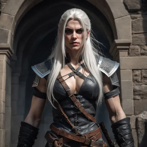 Prompt: Creates a gorgeous and Realistic image of a Muscular transwoman version of Geralt of Rivia with long flowing platinum blonde hair,  in the midst of battle in a castle.