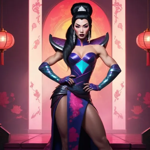 Prompt: Gorgeous muscular cyberpunk drag queen (Disney's) Mulan, great legs, crystal high heels,  dark lipstick.