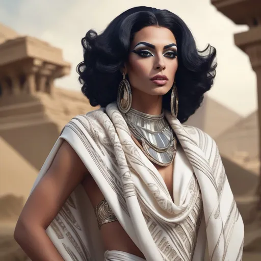 Prompt: A photorealistic detailed image of a Gorgeous muscular Egyptian drag queen model wearing futuristic wavy allover oversized  baggy style attire,  and creamy pashmina shawl with very fine needle hand embroidery on borders draped over her shoulder.  melodramatic Egyptian background .  Capture motion. Dramatic shot. Capture full body figure upto feet from a distance.