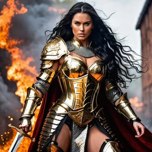 Prompt: Gorgeous ultra-muscular 25-year-old Swedish goddess with huge busom and ridiculously long wavy black hair, dressed as a warrior princess in complete shimmering golden steel armor and a gleeming golden longsword in the midst of a bloody and fiery battle.