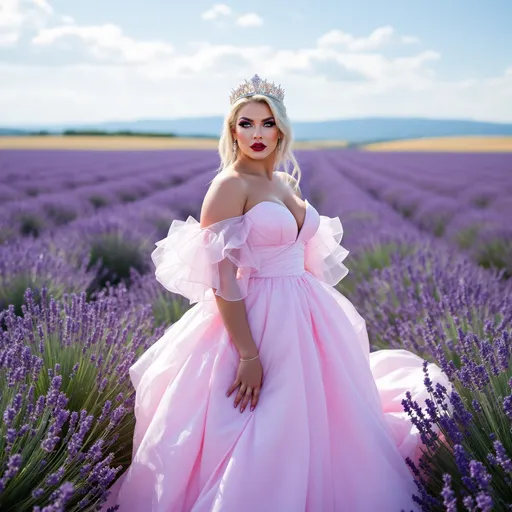Prompt: A gorgeous, muscular, 35-year-old, French, 
drag queen bodybuilder (dark red matte lipstick, big busom) wearing an elegant pink princess wedding gown, standing gracefully in a vast lavender field in Provence, France. 