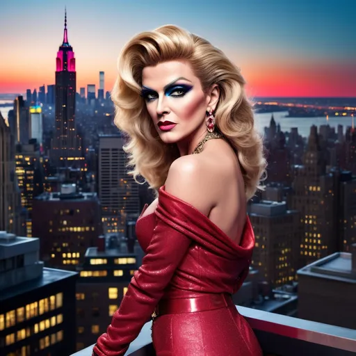 Prompt: George Michael dressed as a 25-year-old gorgeous drag queen Madonna posing on the ledge of a building, high above NYC.