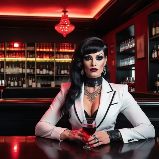 Prompt: A (strikingly beautiful muscular 35-year-old European drag queen), jet black hair, (vibrant red eyes), (large busom), sitting at a luxe lounge bar, (chalk white skin), (exotic features), (long black talon-like finger nails), wearing a (white blouse) and (black blazer), elegantly holding a glass of (blood red wine), adorned with a (jeweled scorpion choker), black bracelets with ruby gems, featuring a tuxedo clad bartender in the background, capturing rich ambiance with an air of danger & tension, (high detail), (soft light), (photorealistic), 8k resolution, sophisticated gothic atmosphere, pro cinematic photo quality, luxurious setting.