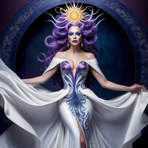 Prompt: Regal drag queen of Chaos, draped in a resplendent white gown with intricate, swirling patterns that shimmer like the sun, set against a backdrop of deep, foreboding blues and purples, evoking a sense of mystique and wonder, with radiant, ethereal light emanating from behind her, casting a halo effect, as if divinity itself had been distilled into her being, her beauty is both captivating and humbling, with delicate, luminous skin and raven tresses that cascade down her back like a waterfall of night, inspired by the dramatic lighting of Caravaggio, the vivid colors of Odilon Redon, and the intricate, symbolic details of H.R. Giger.