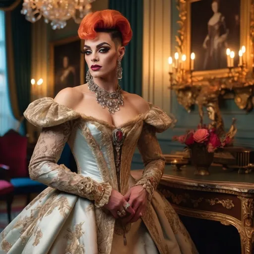 Prompt: (elegant 1600s gorgeous muscular British drag queen (masculine jawline and brow features)), historically accurate gown, adorned with intricate lace, lavish sparkling jewelry, (soft warm lighting), standing in a beautifully designed parlor, rich color tones, opulent decor, (highly detailed textures), saturated hues, atmospheric elegance, inviting ambiance, (4K ultra-detailed), artistry that captures the essence of wealth and sophistication.