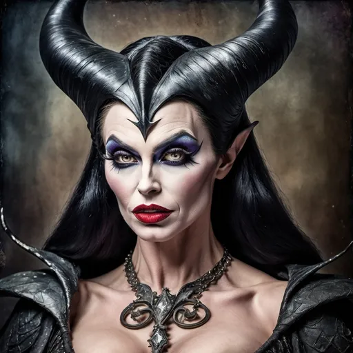 Prompt: Grunge medieval Maleficent drag queen bodybuilder (strong drag queen facial features), impasto, old picture effect, whimsical, highres, detailed, medieval, impasto, old picture effect, grunge, Snow White, fairy tale, dark tones, atmospheric lighting