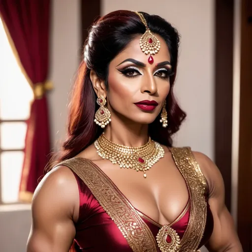 Prompt: A gorgeous muscular 45-year-old Pakistani drag queen bodybuilder, Dark heavy mascara and dark red lipstick. 
Apparel: (In traditional bharatanatyam costume and jewelry, deep neck, short bodice, low waist:1.3)
Hair: (2-yard long hair, braided with gold-ribbons:1.3). 
A dappled shaft of warm sunlight focusses light on her perfect midriff.
Nature worship. Boho aesthetic.
(Full body shot, full view of her whole form:2.0)