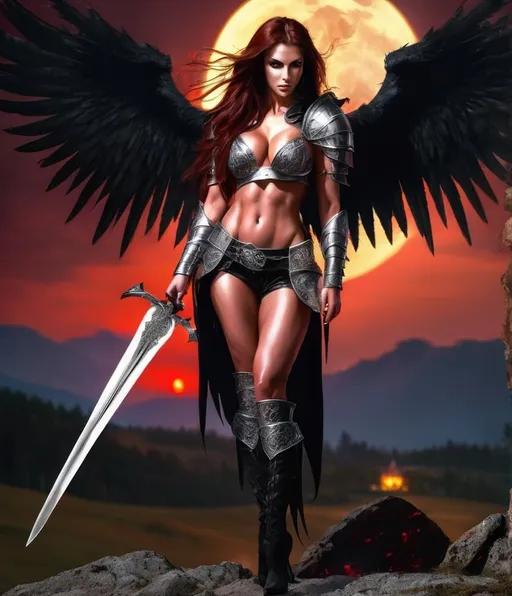 Prompt: Demonic Angel, gorgeous ultra-muscular 25-year-old Czechian bodybuiler with huge busom and ridiculously Long dark red Hair, long muscular legs, Demonic Eyes, Angel WIngs, Full Body, Armor, 8 inch stiletto high heel armour boots, Legendary Sword, Holy, Blood, Raven and Moon in Background