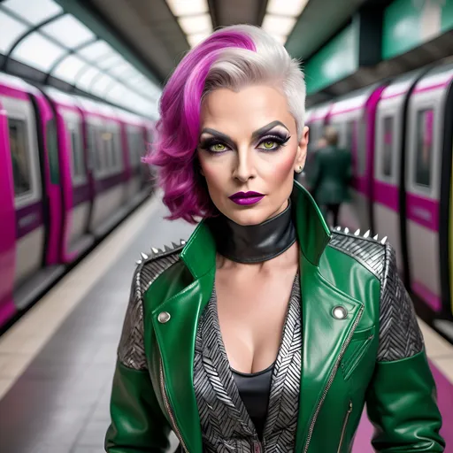 Prompt: photorealistic, (8K), beautiful curvy tall 45-year-old Polish drag queen model, strong masculine jawline and brow, dark eyeshadow and dark lipstick, silver-grey pixie spiked hair, striking green eyes, colorful geometric pattern leather jacket, stylish magenta blouse, herringbone pattern pencil skirt, fashionable boots, elegant leather shoulder bag, crowded London Metro station environment, vibrant atmosphere, high detail, soft lighting, professional photography, urban setting, lifelike representation.