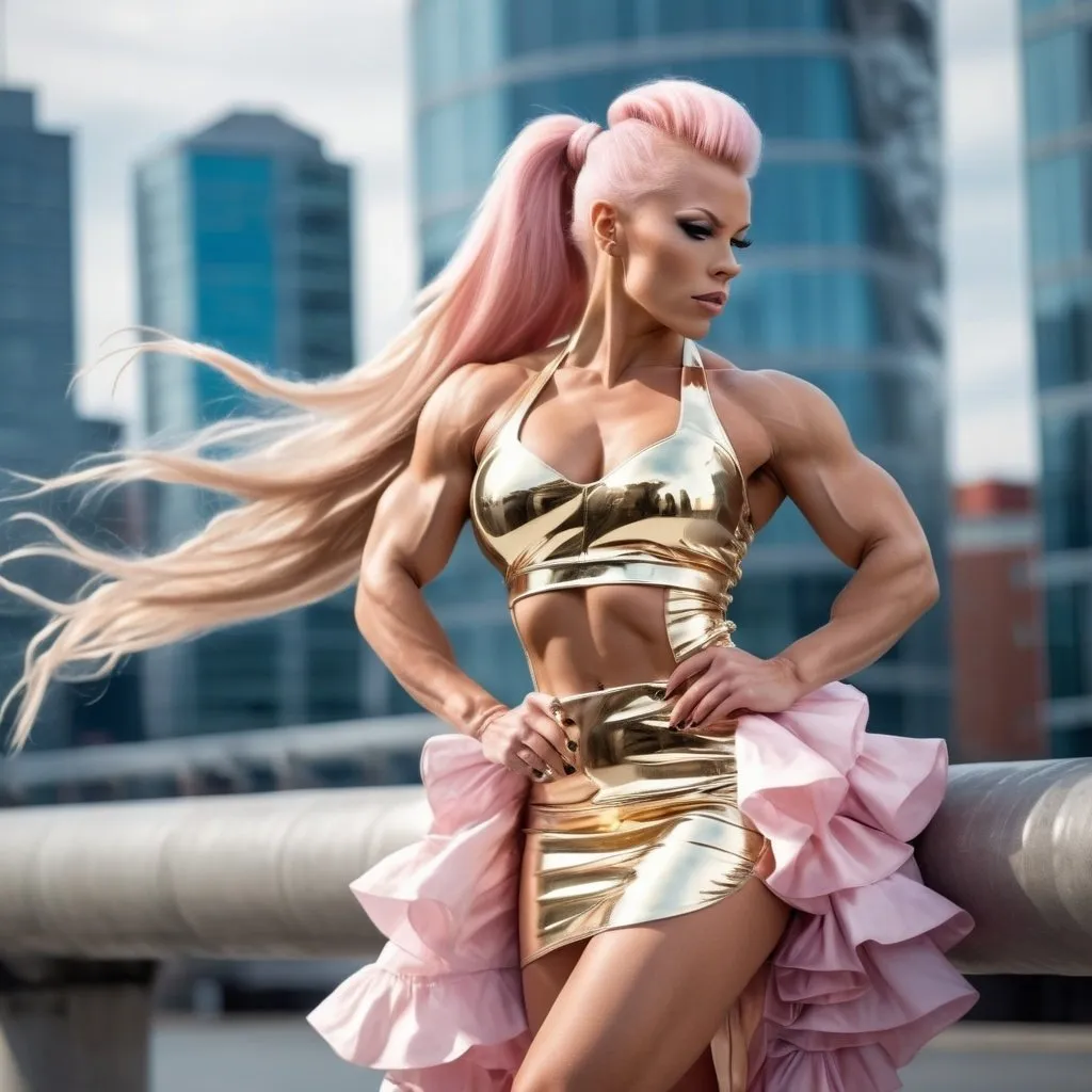 Prompt: Gorgeous ultra-muscular Finnish 25 year old goddess bodybuilder with huge busom and has ridiculously long platinum pink hair tied up in a pretty ponytail held upward above her head (((blowing in the wind))). She wears a mid-length gold skirt with ruffles and 8 inch stiletto high heel shoes.  Futuristic city background. 