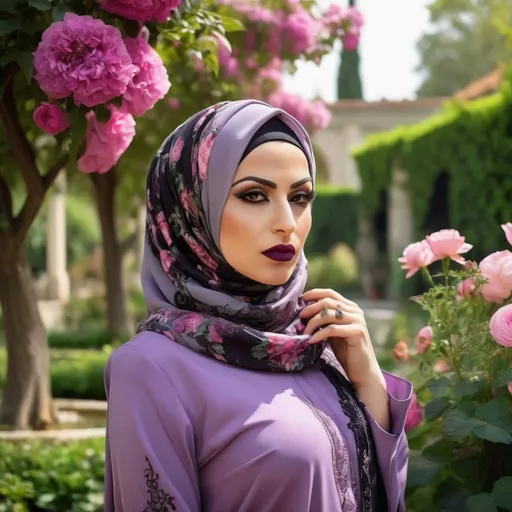 Prompt: ((Masterpiece)),(professional),((most detail))
 Gorgeous, very muscular 35-year-old Turkish drag queen (with strong masculine facial features, dark lipstick, large busom)  is a,(humble),((hijabi woman)), she meditatively walking through a serene garden, the image and (landscape) is a ((vibrant)) setting surrounded by greenery and colorful flowers (deep greens, bright purples and pinks), She wears a ((beautifully patterned hijab)) that complements her stylish Islamic dress and style, the outfit reflecting the hues of the garden around her, (dramatic lighting), the imagery conveys a sense of peace and contemplation and is an material expression, The scene is infused expressive light themes and colors, highlighting the ((intricate details)) of her outfit and the delicate petals of the flowers (landscape), her presence in the tranquil atmosphere of the garden, creating a ((hyper-realistic masterpiece)), 64k, HD, perfection, Islamic art