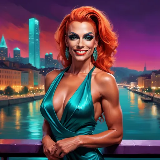 Prompt: digital painting of a city skyline with a gorgeous muscular 35-year-old Swiss drag queen (masculine jawline and brow features) with long burnt orange updo hair wearing a wrap around teal dress, smiling  and a river in the background at night time with a bright red and purple sky reflecting on the water , art photography, at night, high resolution , realism , beautiful sunset , low angle shot of the woman