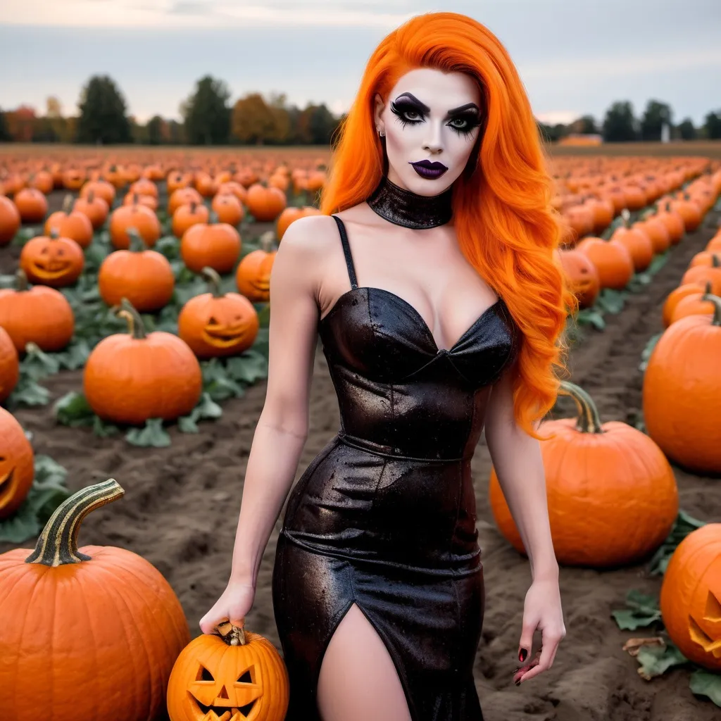 Prompt: If a Jack-o-lantern was a gorgeous 25-year-old drag queen with dark eye makeup,  dark lipstick,  8 inch stiletto high heel shoes.  Pumpkin field.