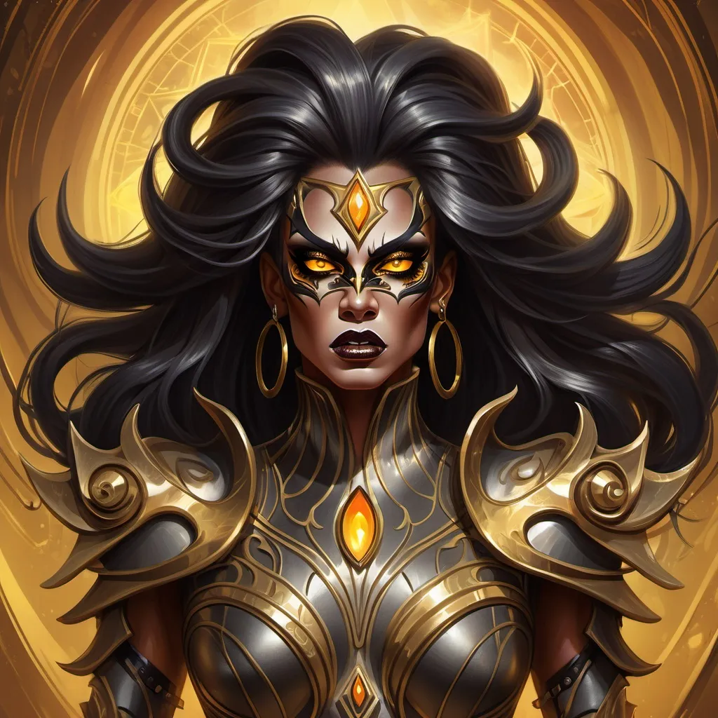 Prompt: This is a digital art fantasy illustration that depicts a powerful, demonic drag queen character with dark, flowing hair. a cyclops with one eye. Her sharp, angular features and intense, golden eyes convey strength and determination. The character's armor is ornate and jagged, with glowing gold highlights, enhancing his formidable presence. The warm, golden background features a surreal, otherworldly landscape with tall, spire-like structures and a reflective, shimmering body of water. The dynamic pose, detailed armor, and glowing atmosphere suggest a warrior of immense power, evoking a sense of majesty and danger. Digital art illustration