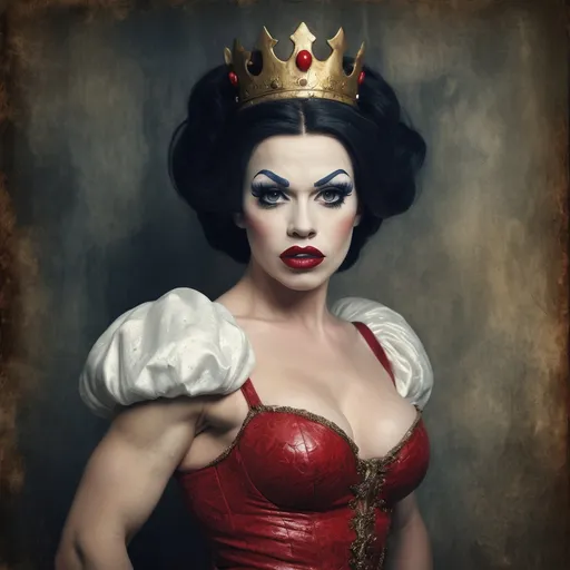 Prompt: Grunge medieval Snow White drag queen bodybuilder (strong drag queen facial features), impasto, old picture effect, whimsical, highres, detailed, medieval, impasto, old picture effect, grunge, Snow White, fairy tale, dark tones, atmospheric lighting