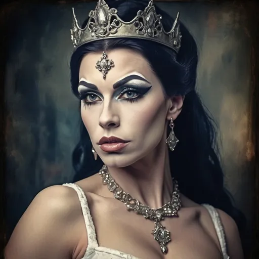 Prompt: Grunge medieval Cinderella drag queen bodybuilder (strong drag queen facial features), impasto, old picture effect, whimsical, highres, detailed, medieval, impasto, old picture effect, grunge, Snow White, fairy tale, dark tones, atmospheric lighting