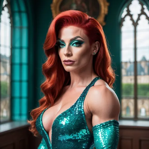 Prompt: the words incredible beauty as a muscular 25-year-old French drag queen bodybuilder with red hair and brown eyes, in a teal sequined dress in a castle ballroom, with a big window in the background