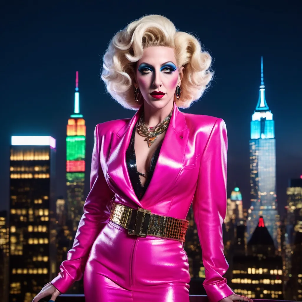 Prompt: Adam Sandler dressed as a 25-year-old gorgeous drag queen Madonna posing on the ledge of a building, high above NYC.