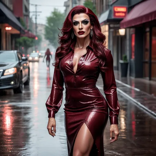 Prompt: photorealistic, (highly realistic) portrayal of a gorgeous muscular 35-year-old Turkish drag queen (strong masculine jawline and brow features) with long luscious wavy dark red hair, wearing a stylish men's shirt as a dress, elegant high heels, dark eyeshadow,  and dark red lipstick, standing confidently on a wet, glistening street after rain, with puddles reflecting streetlights, soft atmospheric glow, (moody), gently falling raindrops, urban ambiance, striking pose, captivating expression, rich colors, (ultra-detailed), nighttime cityscape background.