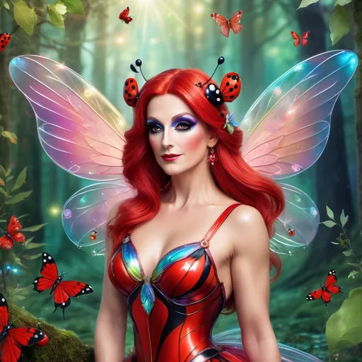 Prompt: Gorgeous muscular 35-year-old DRAG QUEEN Ladybug fairy, digital illustration, serene woodland setting, intricate wings with holographic details, ethereal and magical vibe, vibrant and saturated colors, elegant and graceful pose, fine art quality, high resolution, fantasy, whimsical, holographic wings, magical, ethereal, vibrant colors, woodland, serene, elegant pose, fine art quality, detailed artwork