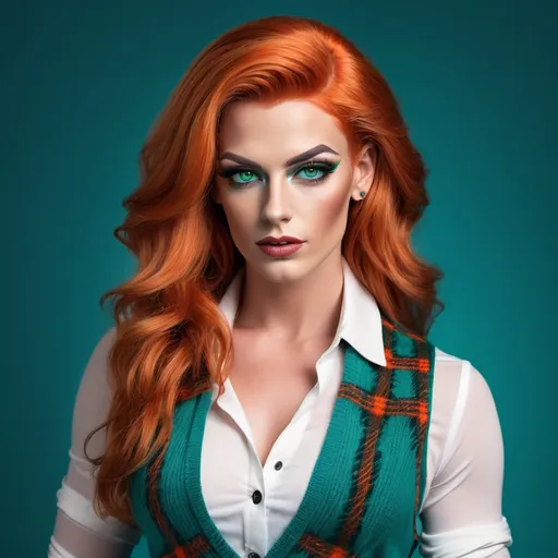 Prompt: Photorealistic image of a beautiful muscular 25-year-old German drag queen (very strong masculine jawline and brow features) with big busom and chic wavy shoulder-length orange hair and striking green eyes, wearing a stylish white blouse layered under a vibrant teal knit vest. She pairs this with a classic teal and black tartan skirt, alluring white tights, and elegant black stiletto heelss. she stands gracefully in an opulent Belle Époque lounge, richly decorated, rich patterns, luxurious ambiance, 8K resolution, ultra-detailed.