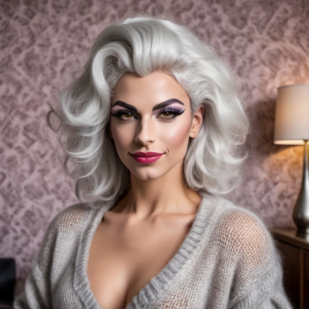 Prompt: Gorgeous muscular 25-year-old silver-haired French drag queen (masculine jawline and brow facial features) in a modern home, against a wall with wallpaper and furniture background
wearing long cable knitted angora mohair sweater , (extremely fluffy:1.8) angora mohair sweater, from side, looking at viewer, smile, (full lips:1.8), dark red lipstick, daek eyeliner, dark makeup, 8k, very detailed, green eyes, very detailed eyes,
source_real, raw, photo, amateur, french drag queen, Close-Set Eyes, [eyecolors violet], full lips, high cheekbones, weak receding chin, burgundy, lob, light blue, lip gloss, __15JeweleryMaterials__ __14Piercing__, large busom,  gorgerous, outdoor, portrait, , highly detailed, detailed skin, depth of field, film grain
(photorealistic) (bokeh) (intricate details) (cinematic lighting) (sharp focus)
