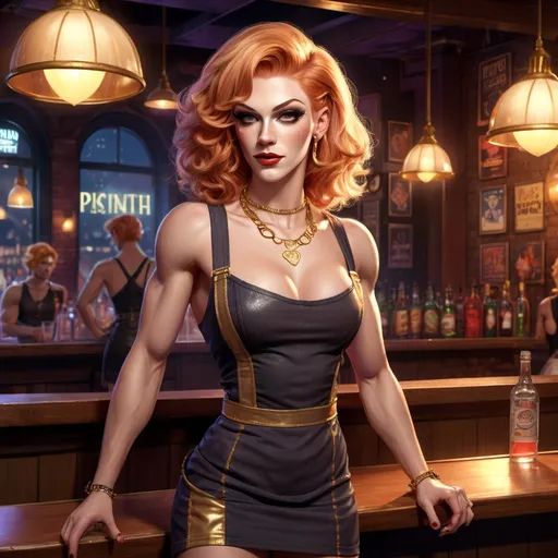 Prompt: A late night music venue. Muscular early 20s attractive strawberry-blonde bartender drag queen (with a strong masculine jawline) in a short dress,  pinafore square neckline, gold necklace, late night nightclub, game-rpg fantasy style, detailed character design, atmospheric lighting, urban fantasy, late-night setting, highres, detailed, fantasy, RPG, cluttered background, striking appearance, intense and dramatic lighting