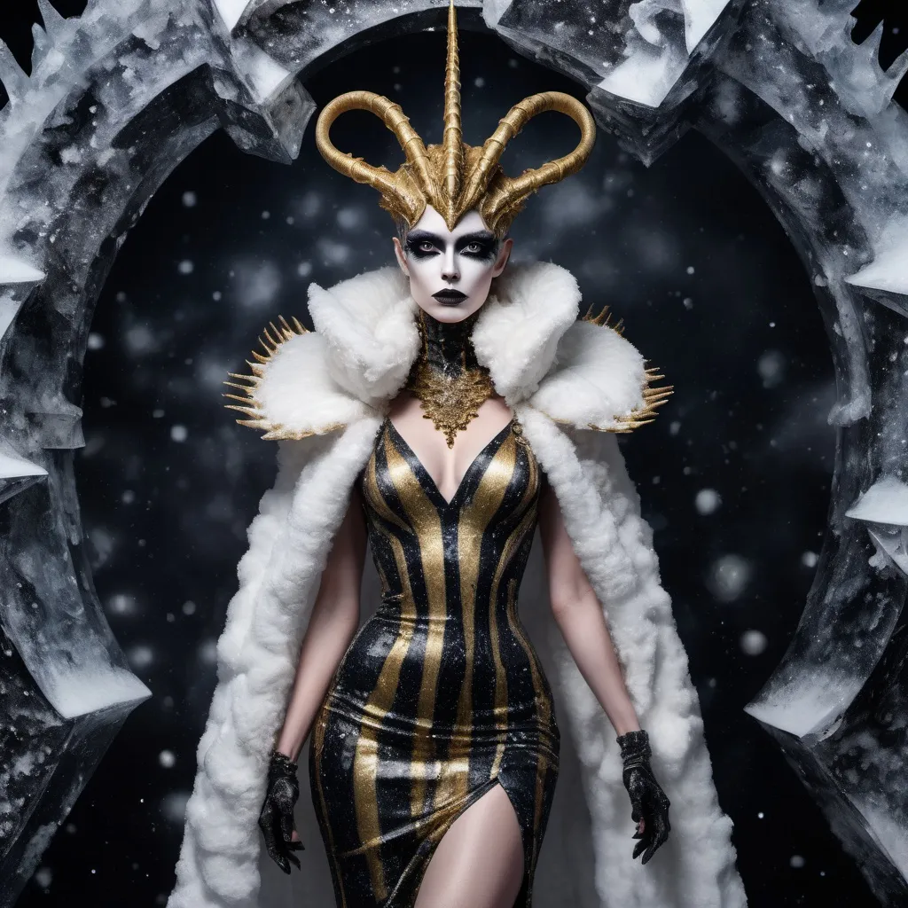 Prompt: Full body, Hyperrealistic gorgeous Czechian drag queenwearing eccentric couture dress made of black, white and gold marble inspired by the xenomorph, with giant dark frost ice crystals on the shoulders decor, looking directly at camera, dark eye makeup, dark lipstick, inspired by Klimt, against dark snow background