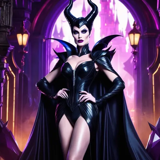 Prompt: Gorgeous muscular cyberpunk drag queen (Disney's) Maleficent, great legs, crystal high heels,  dark lipstick.