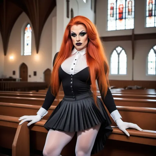 Prompt: a gorgeous ultra-muscular 25-year-old caucasian Swedish drag queen bodybuilder with very long dark orange hair, dark eyeshadow, heavy mascara, dark red lipstick, wearing a knee-length pleated skirt, long sleeve button up sweater, 8 inch stiletto high heel shoes, white tights and gloves in church